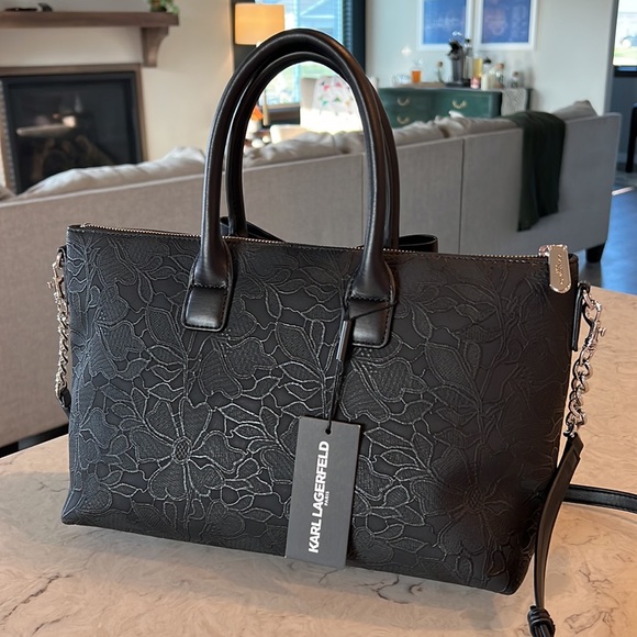 Karl Lagerfeld Paris Kris Satchel - Iconic Big Bow and Floral Charm - Chic Black - Picture 5 of 8